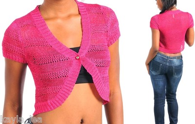 Fuchsia Cap Sleeve Cropped Crochet/Knit Button Front Shrug/Cardigan/Bolero OS