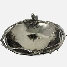 Large Pewter Serving Bowl Bird Nest Flowers Branches Silver Tone Centerpiece
