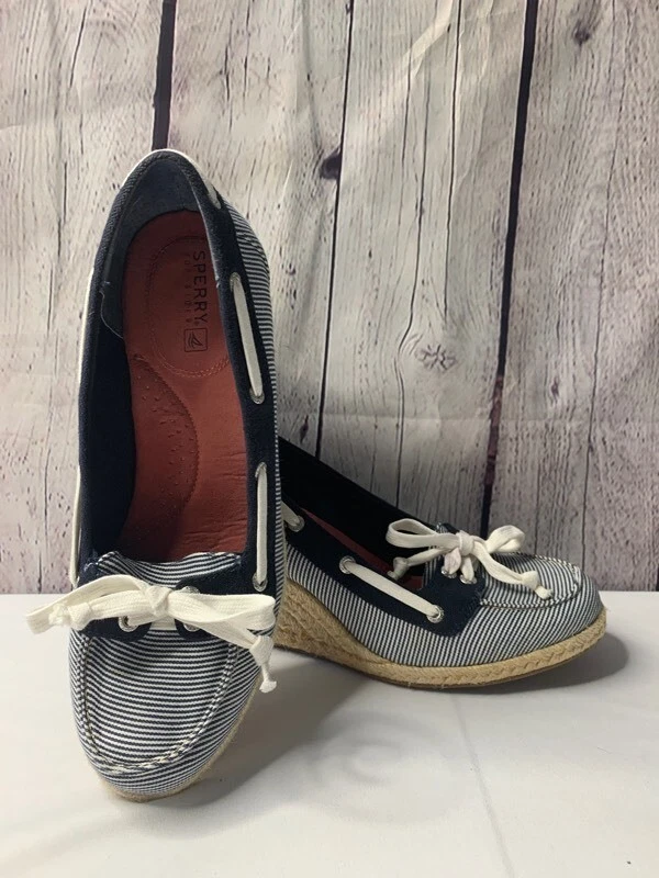 Sperry Womens Clarens Espadrilles Wedge Boat Shoes Blue Stripe Bow