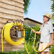 Wall Mount Garden Hose Holder with Basket – Heavy Duty Metal Hose Hanger