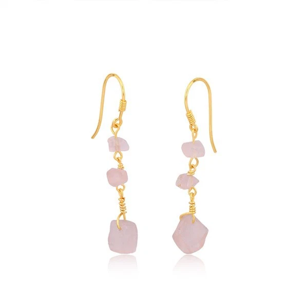 Pendiente largo de cuarzo rosa áspero en plata de ley 925 joyas para regalo de esposa Foto 3 de 4