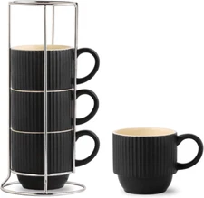 Set of 4 12oz Coffee Mugs Set with Rack - Stackable Ceramic Coffee Cups (BLACK)