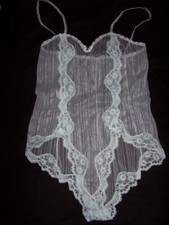 Vtg Blush - Baby Blue Ribbed Sheer Lace Teddy Snaps In Crotch Made In USA Size M
