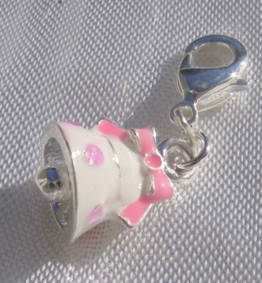 Charm Breloque Clochette Blanc & Rose Sur Mousqueton - Métal Argenté - Compatible Tomas Sabo