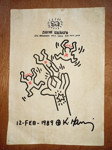 KEITH HARING (Handmade) Drawing on antique paper Signed and Sealed size 21x29.5