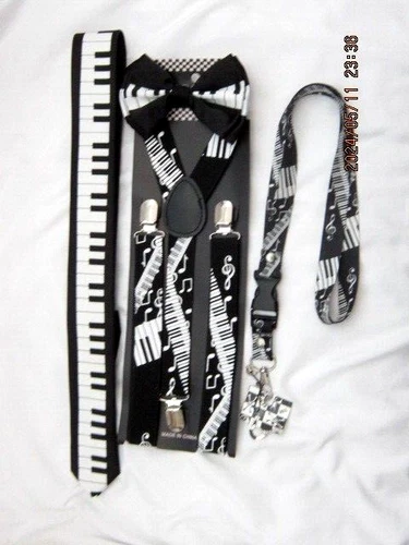 MUSICAL NOTES PIANO KEYS Suspenders,Necktie,Lanyard&matching Bowtie Bow Tie-New! - Picture 1 of 1