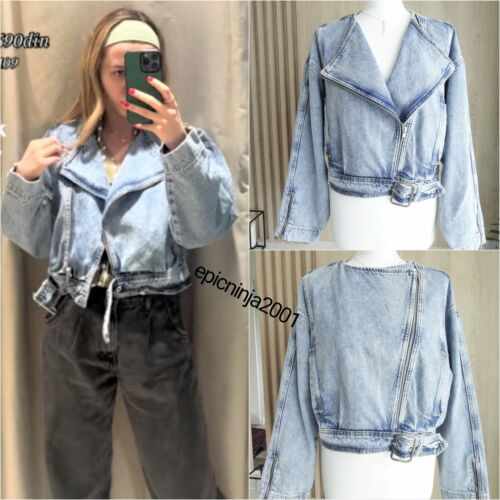 ZARA NEW WOMAN LIGHT BLUE WASHED EFFECT CROPPED DENIM JACKET SIZE M - Picture 1 of 16