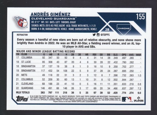 2023 Topps Chrome #155 ANDRES GIMENEZ Cleveland Guardians REFRACTOR - Picture 3 of 3