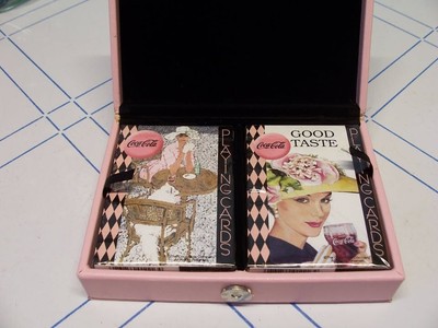 Coca Cola Bicycle Vintage Playing Cards 2 Deck Set Pink Leather Case USA