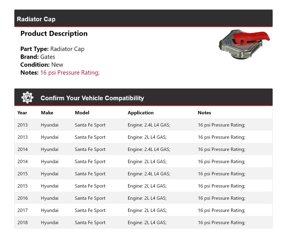 For 2013-2018 Hyundai Santa Fe Sport Radiator Cap Gates 2014 2015 2016 2017 - Image 2 of 4