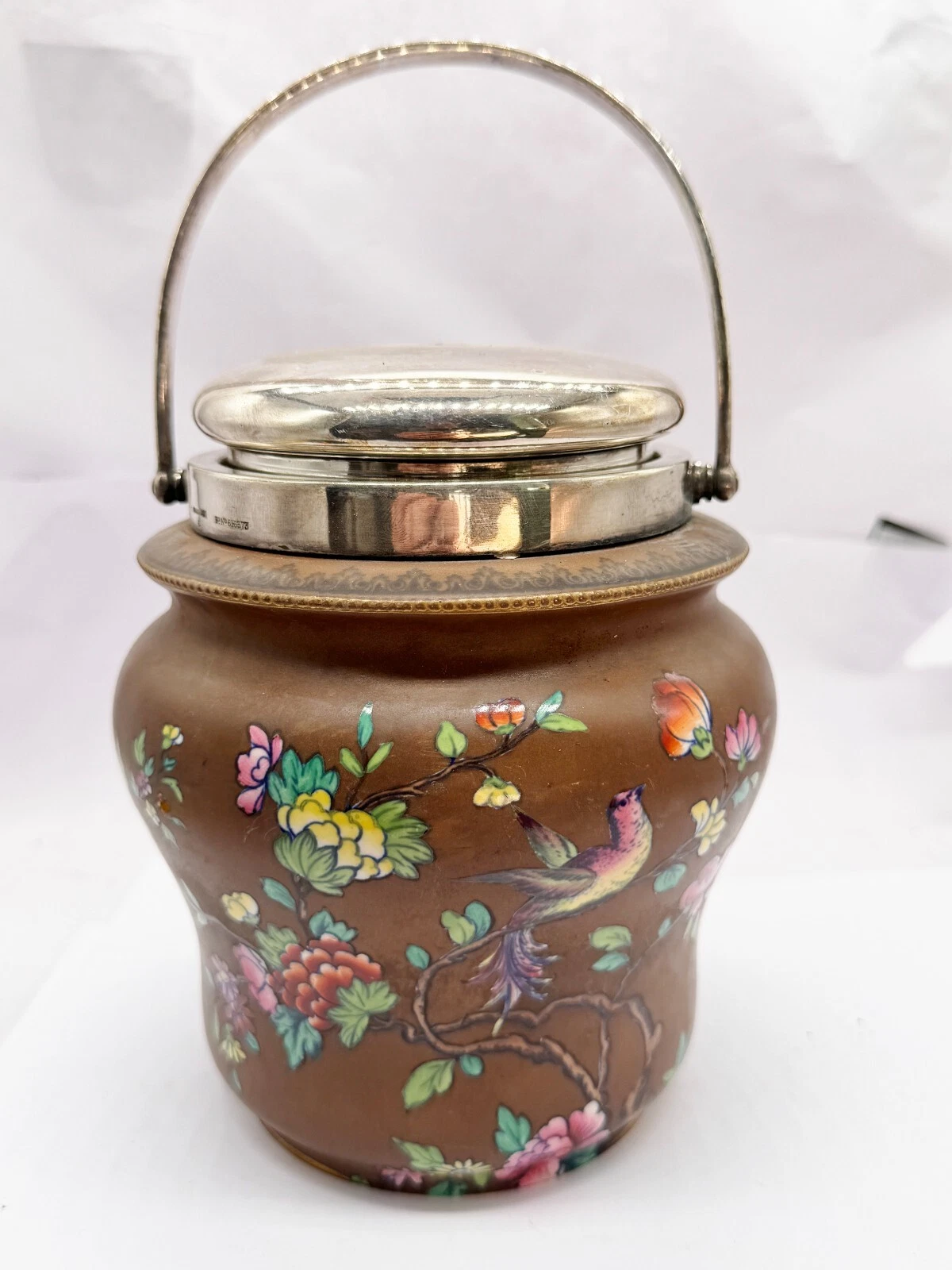 ANTIQUE CARLTON WARE RED CLAY BIRD FLOWERS SILVER PLATE BISCUIT TOBACCO JAR