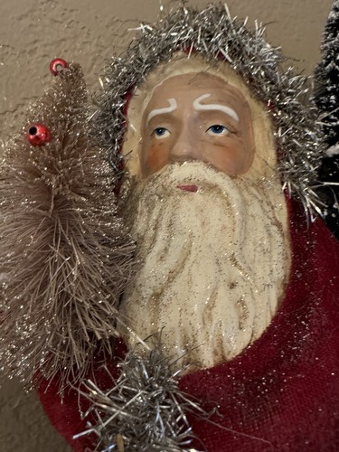 14" Belsnickle Red Santa Claus Tinsel Accents w Bottle Brush Christmas Tree - Picture 3 of 12