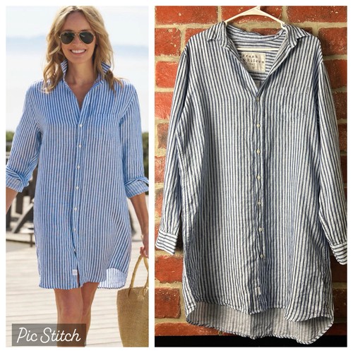 Frank & Eileen Mary Blue Striped Linen Shirt Dress Button Front Size Medium $308 - Picture 1 of 10