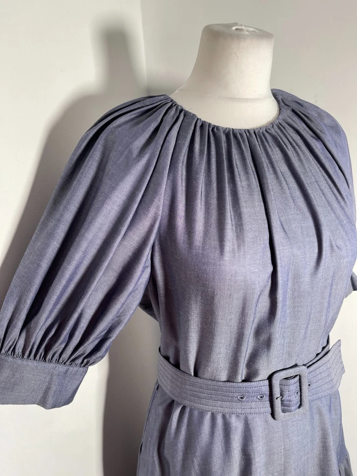 Ted Baker shirt mini dress 3 12 VGC drop waist belted navy chambray cute ruched - Image 3 of 4
