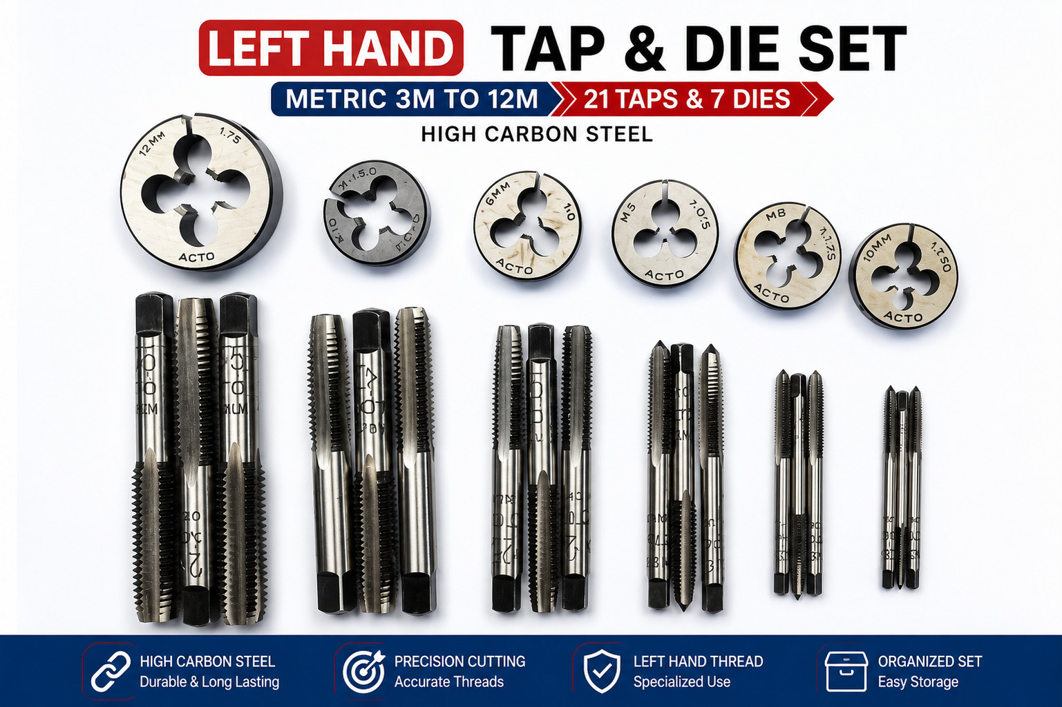 LEFT HAND TAP & DIE SET METRIC 3MTO12M 21 TAPS AND 7 DIES HIGH CARBON STEEL SMUG