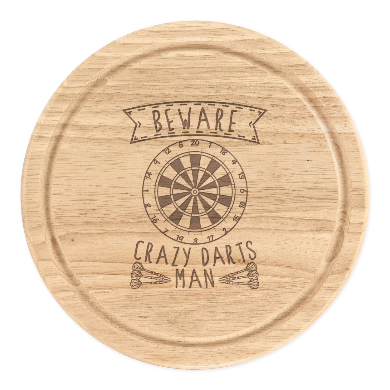 Beware Crazy Darts Man Round Chopping Cheese Board Funny Sport Fathers Day
