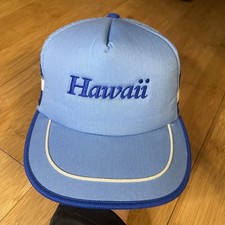 VTG 80s Hawaiian Headwear Hawaii Light Sky Blue 3 Stripe Trucker Snapback Hat VG
