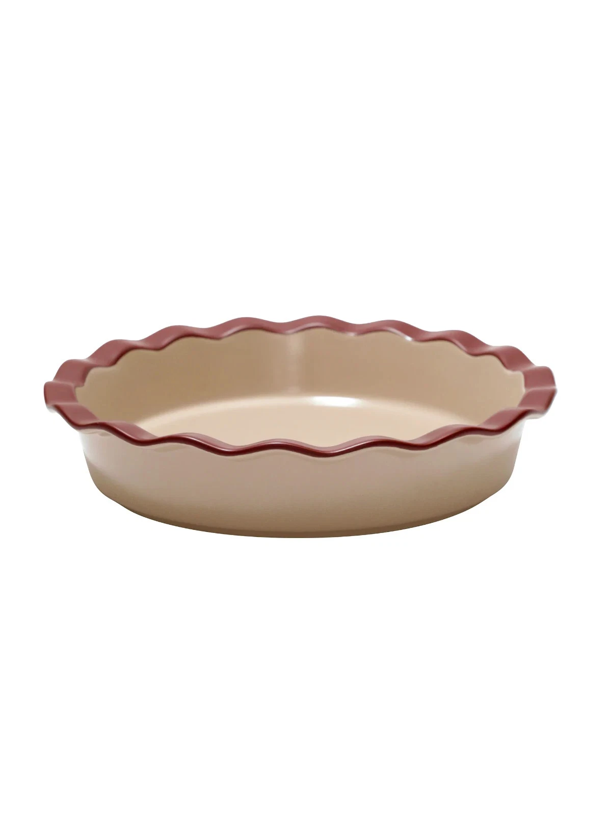 NIB Noon & Moon Pie Dish, Taupe and Cherry Lacquer Trim, 9 Inch