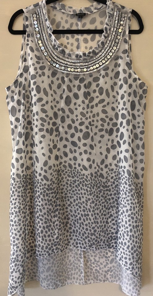 Clarity Sz L White & Grey Spot Scoop Neck Tunic Top With Sequin Trim As New