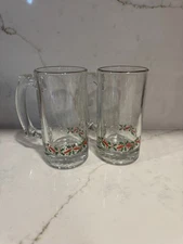 Arby's Libbey Holly Berry Christmas Beer Mugs Handle Set Of Two