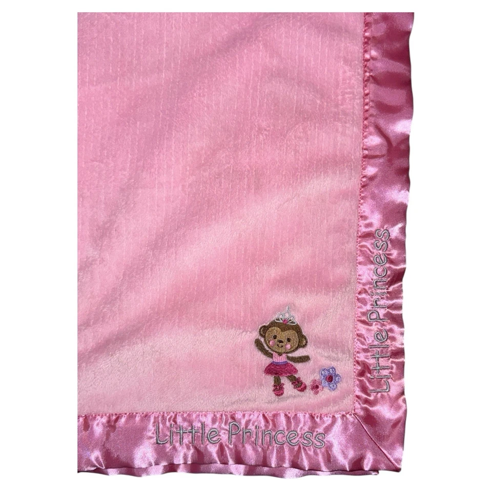 Child Of Mine Carters Pink Little Princess Monkey Baby Blanket Satin Trim 40x30 - Image 2 of 4