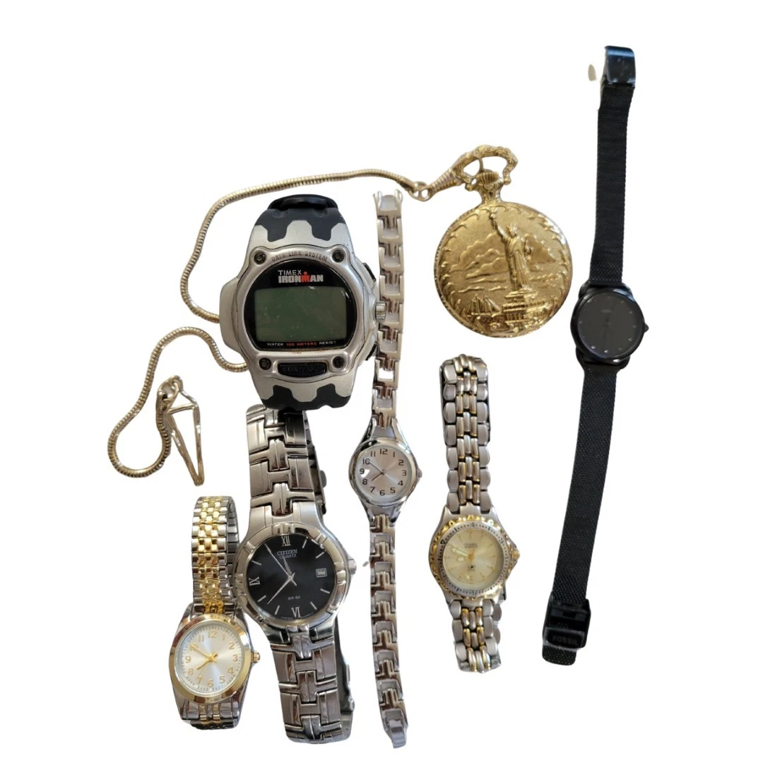 Lot Of 7 Watches FOR PARTS OR REPAIR Fossil Timex Ironman Citizen Quartz Pocket