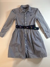 POLO RALPH LAUREN Girls Oxford Shirt Dress Size 6 Navy Blue White Striped