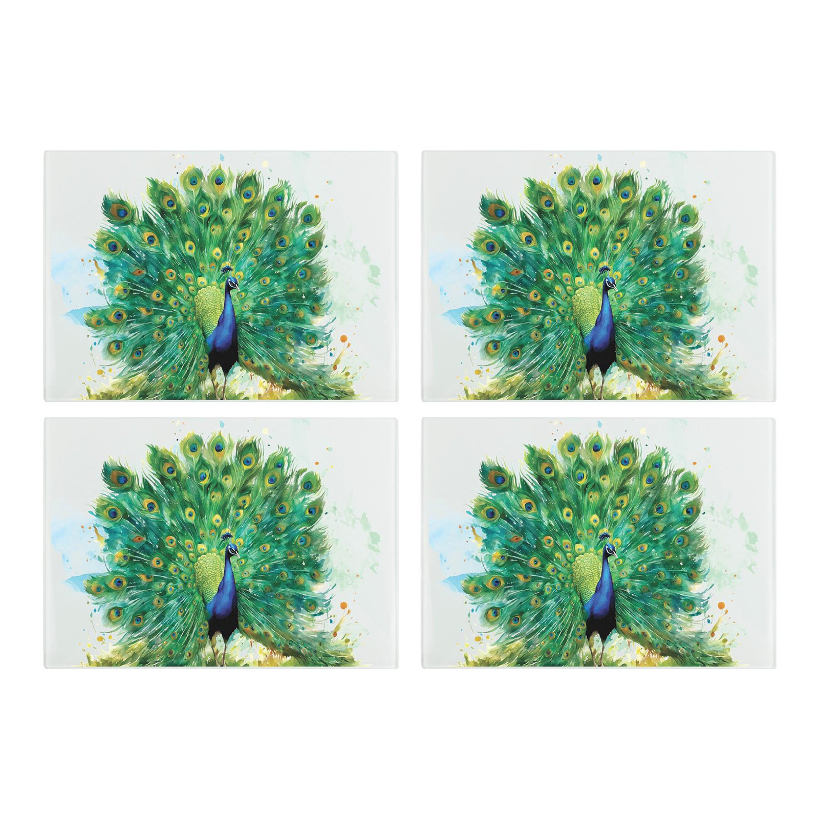 Peacock Glass Placemats Set - Exotic Feathered Birds Table Mats Gift 4pk