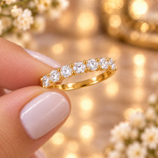 Round CZ Half Eternity Ring 925 Sterling Silver Gold Plated Wedding Band Women