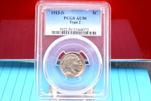 1913 D 5 CNT BUFFALO NICKEL PCGS AU50 TYPE 2