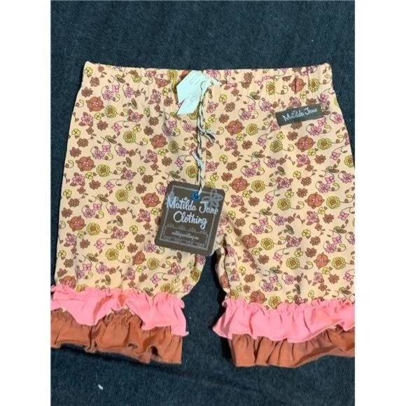 Matilda Jane Clothing Girls Floral Ruffle Shorts Size 6 Peach Pink Brown