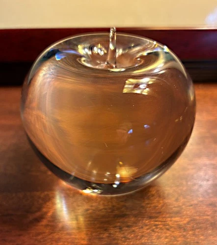 Vintage Tiffany & Co Crystal Clear Glass Apple Paperweight w. label and co. name