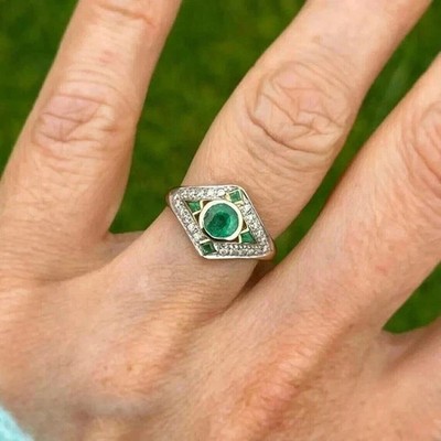 2Ct Round Cut Lab Created Green Emerald Wedding Ring 14K Two Tone Gold Plated
