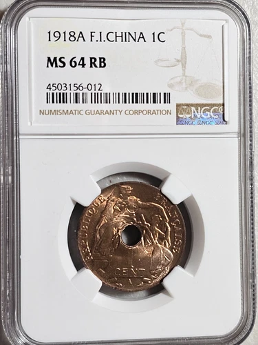 French Indochina 1 Cent 1918A NGC MS 64 RB