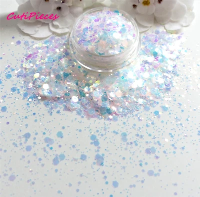 Nail Art Chunky *IciCle* Xmas White Iridescent Hexagon Glitter Mermaid 5ml Pot