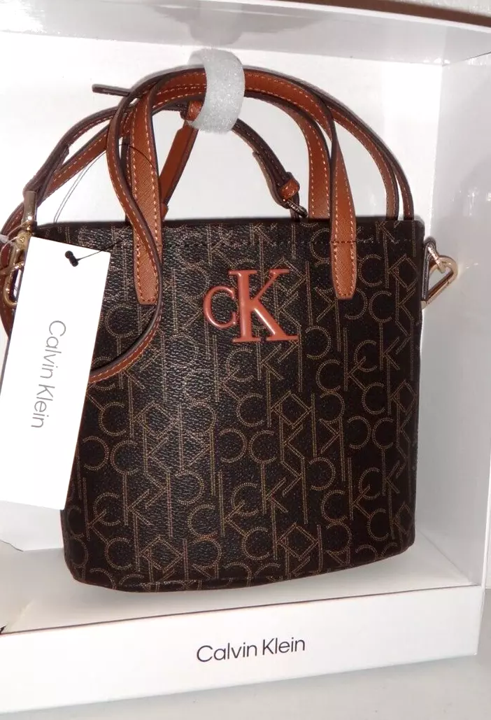 CALVIN KLEIN CK Signature Hand Bag Zip Purse Brown Luggage H1GEJED3 + GIFT BOX
