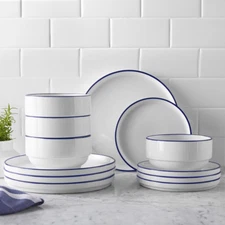 Blue Rim Stoneware Dinnerware Set Dinner & Salad Plates Serving Bowls 12-Piece