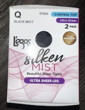 L'eggs ~ Silken Mist 2 Pair Women's Tights Hose Black Mist Control Top Ultra ~ Q