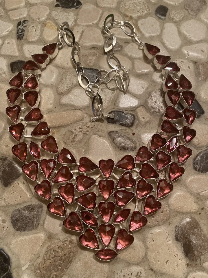 Goddess Statement Necklace Chunky Pink Heart Stones 20” Valentines Love Collar