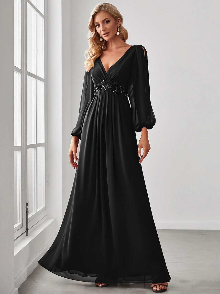 Champagne Chiffon Black Lace Long Sleeve Prom Gown - Xdressy