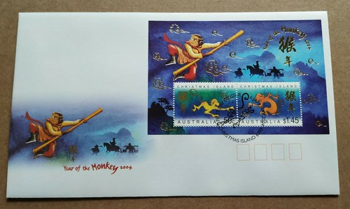 2004 Christmas Island Zodiac Animals Lunar Year of the Monkey Mini-Sheet MS FDC - Picture 1 of 3