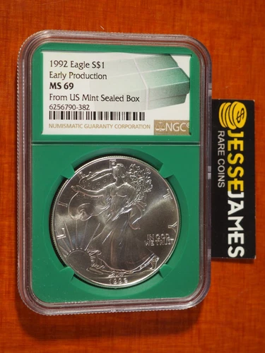1992 SILVER EAGLE NGC MS69 EARLY PRODUCTION FROM US MINT SEALED BOX GREEN CORE