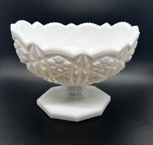 Vintage 1950's Kemple "Toltec" White Milk Glass Oval Footed Compote Bowl Dish