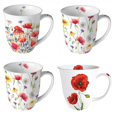 Porzellan-Tasse''Proud-Poppy-Meadow'' Sommer-Mohn-Blumen 0,4l Kaffee-Becher Ausw.