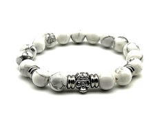 White Turquoise Gemstone  .925 Silver Crowned Skull 10mm Bead Harmony Bracelet