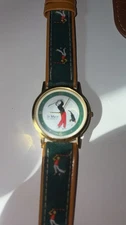 Cardini Ladies Golf Watch Gold Toned Green Canvas Leather Band Round Face Works