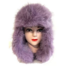 Women Winter Warm Fluffy Faux Fur Hat Earflap Russian Furry Trapper Hat-Purple