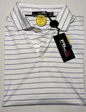 RLX Polo Ralph Lauren Shirt Mens L White Purple Stripe Golf Wicking UPF 50 Flaw