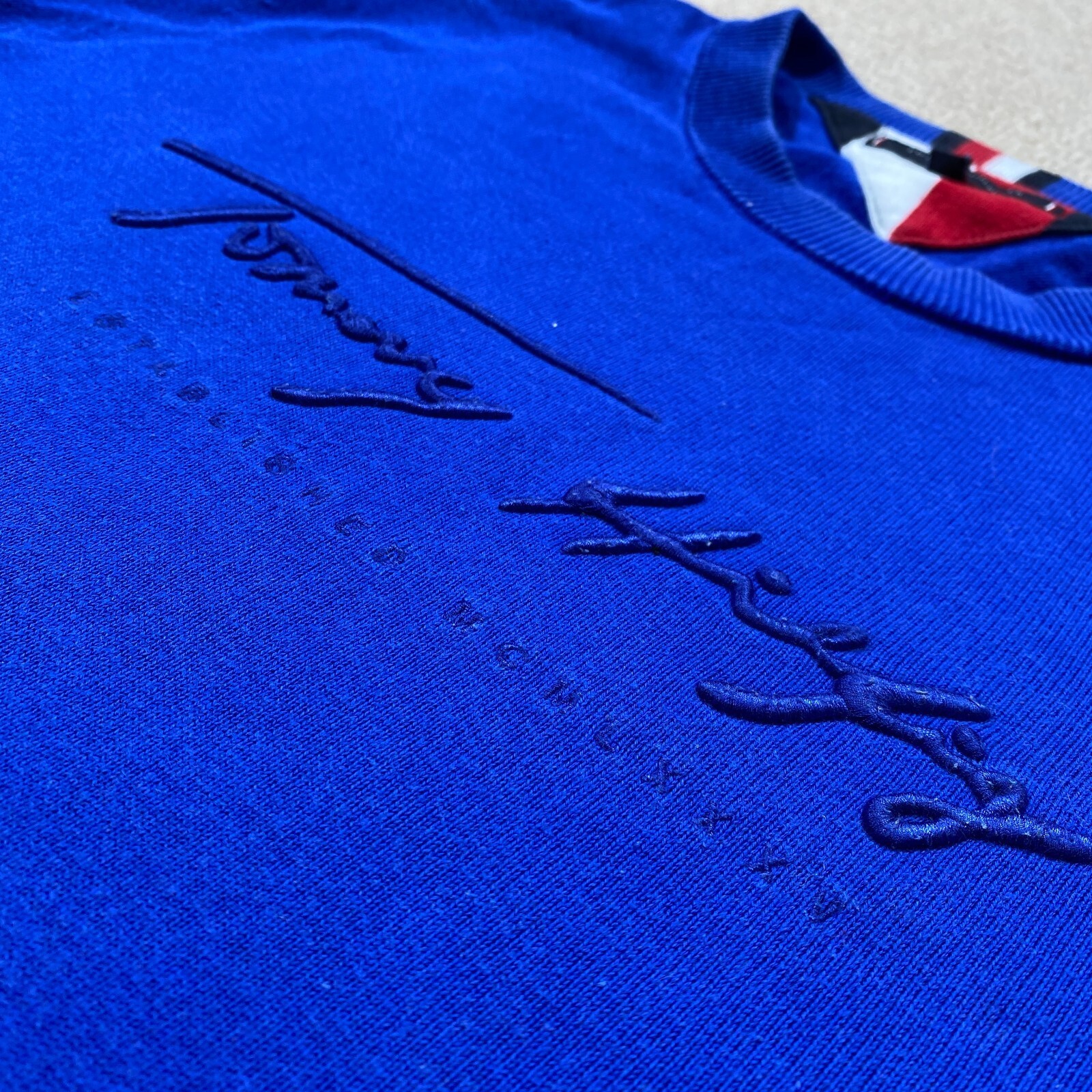 Tommy Hilfiger Jumper Mens Large Slim Fit Royal Blue Embroidered Script Sweater thumbnail 3