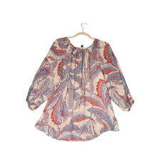 Chaps Blouse Womens Size L Blue FLoral Sheer Crinkle Gauzy Light Peasant Boho